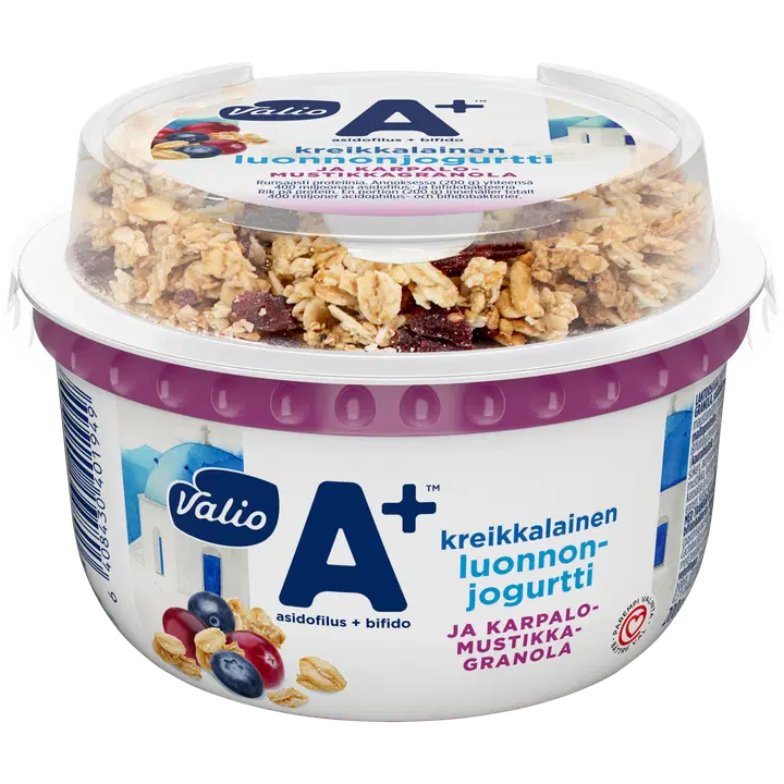 Valio A+™ kreikkalainen luonnonjogurtti rasvaton ja karpalo-mustikkagranola laktoositon 200 g