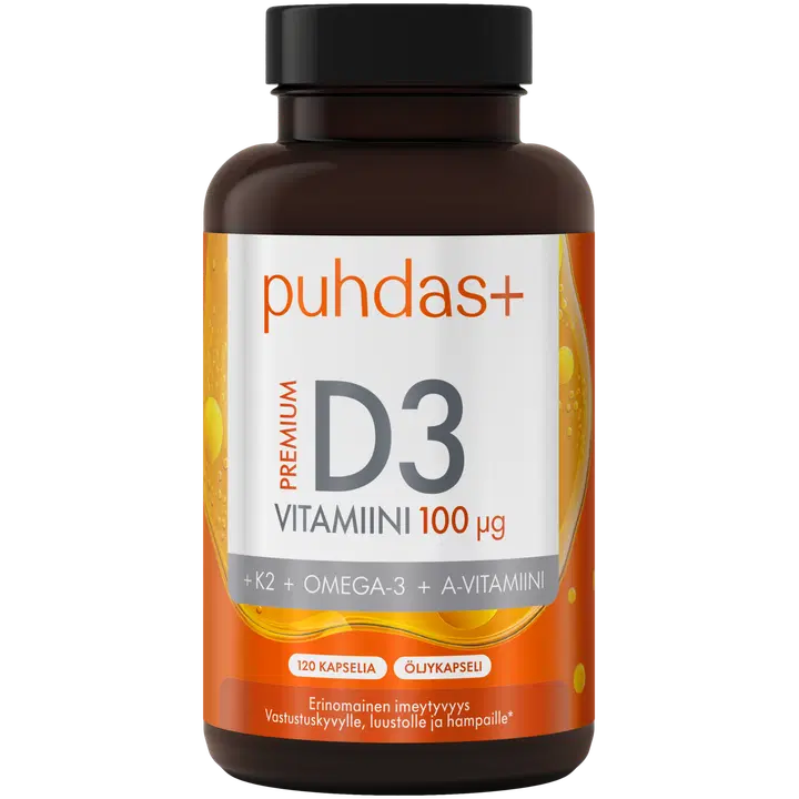 Puhdas+ Premium D3-vitamiini 100 µg + K2 + Omega-3 + A-vitamiini 120 kaps