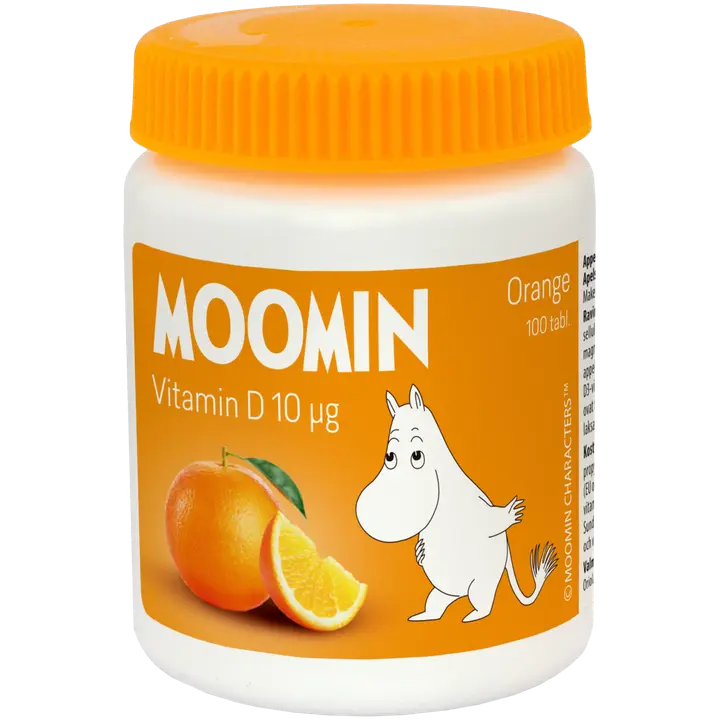Moomin D-vitamiini 10µg Appelsiini imeskelytabletti 100tabl 23g ravintolisä