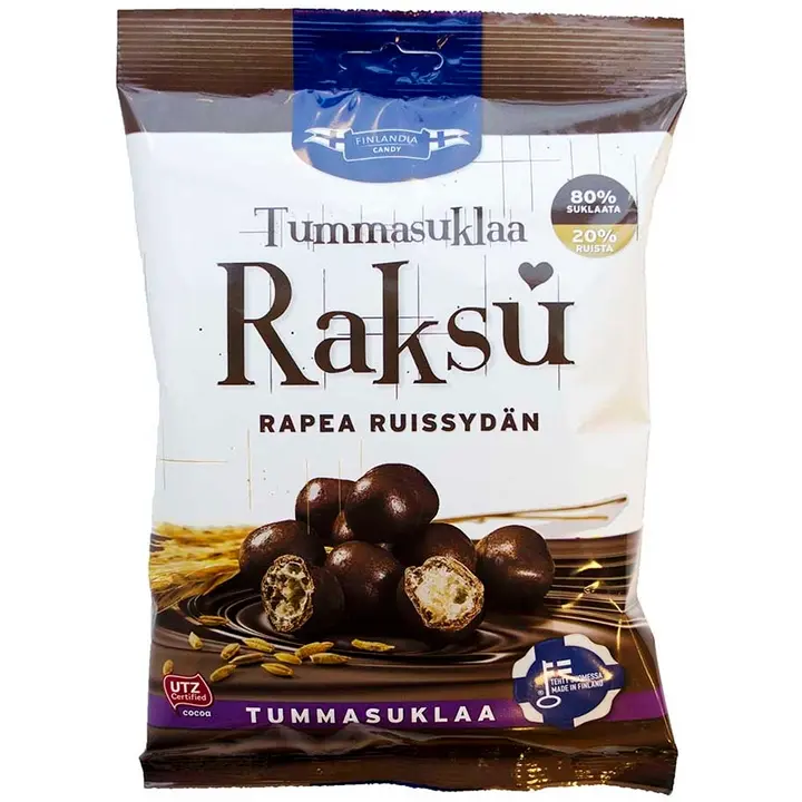 FC Raksu 150g UTZ tummasuklaalla kuorrutettuja ruispuffeja