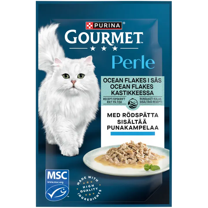 Gourmet Perle Ocean Flakes Kastikkeessa, aikuisen kissan märkäruoka Punakampelaa 85 g pussi