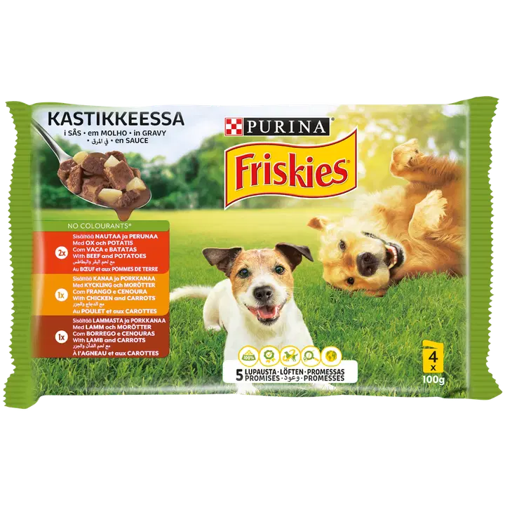 Friskies 4x100g Adult Nautaa, Lammasta ja Kanaa kastikkeessa lajitelma 3 varianttia