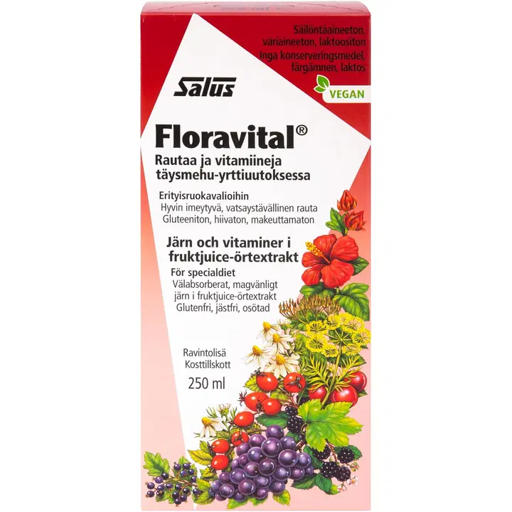 Salus Blutsaft Floravital rautaa ja vitamiineja täysmehu-yrttiuutoksessa 250ml