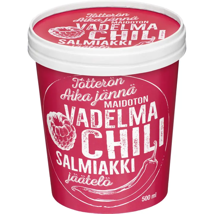 Tötterö 500ml vadelma-chilijäätelö salmiakkikastikkeella vegaaninen