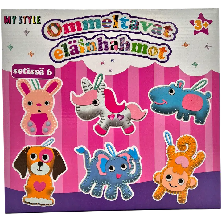Ommeltavat eläinhahmot, setti sisältää tarvikkeet kuuden eri hahmon ompelemiseen.