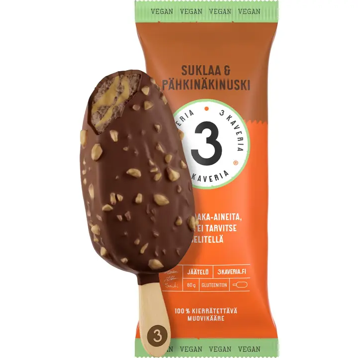 Kolmen Kaverin Jäätelö Vegaaninen Suklaa & Pähkinäkinuski jäätelöpuikko 110ml/80g