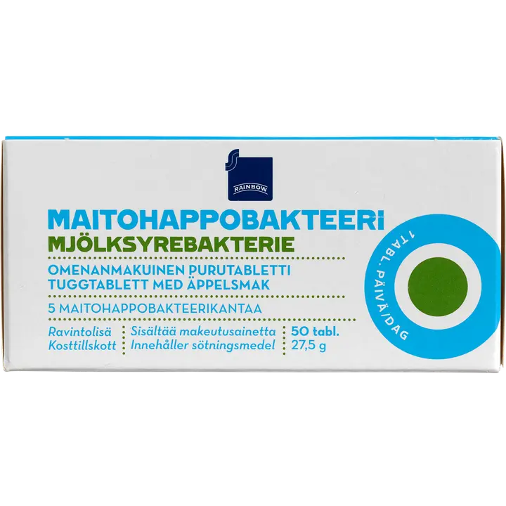 Rainbow maitohappobakteeri omenanmakuinen purutabletti ravintolisä 27,5 g/ 50 tablettia