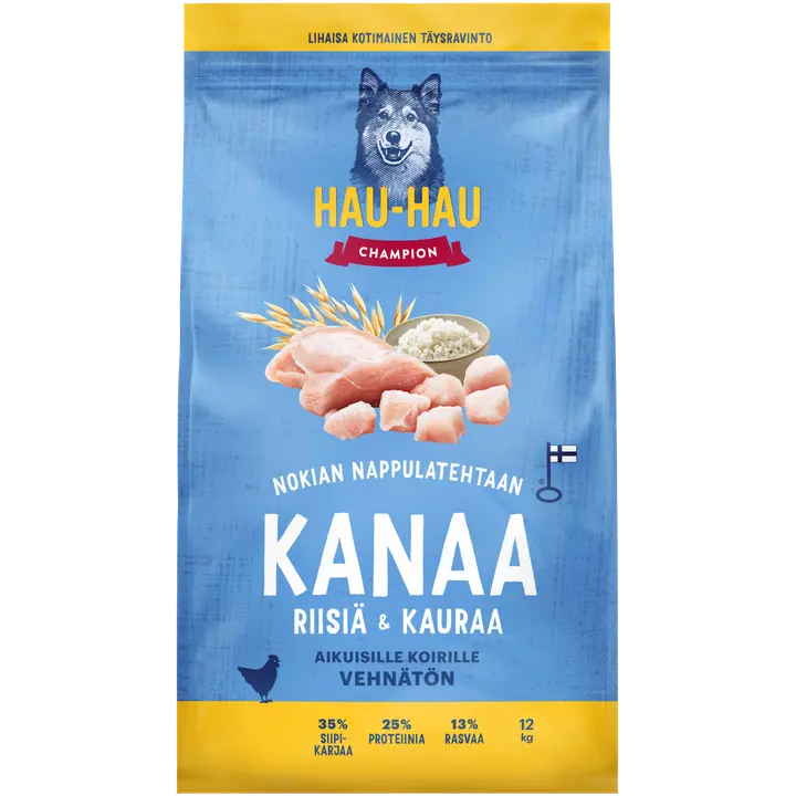 Hau-Hau Champion Nokian Nappulatehtaan Kanaa, riisiä & kauraa täysravinto aikuisille koirille 12 kg