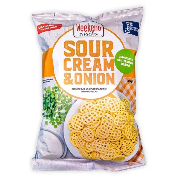 Weekend Snacks Sour Cream & Onion Kermanviilin- ja sipulinmakuinen perunasnacks 180g