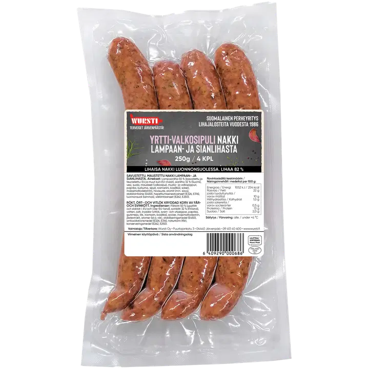 Wursti Yrtti-valkosipuli nakki lampaan- ja sianlihasta 250g/4kpl