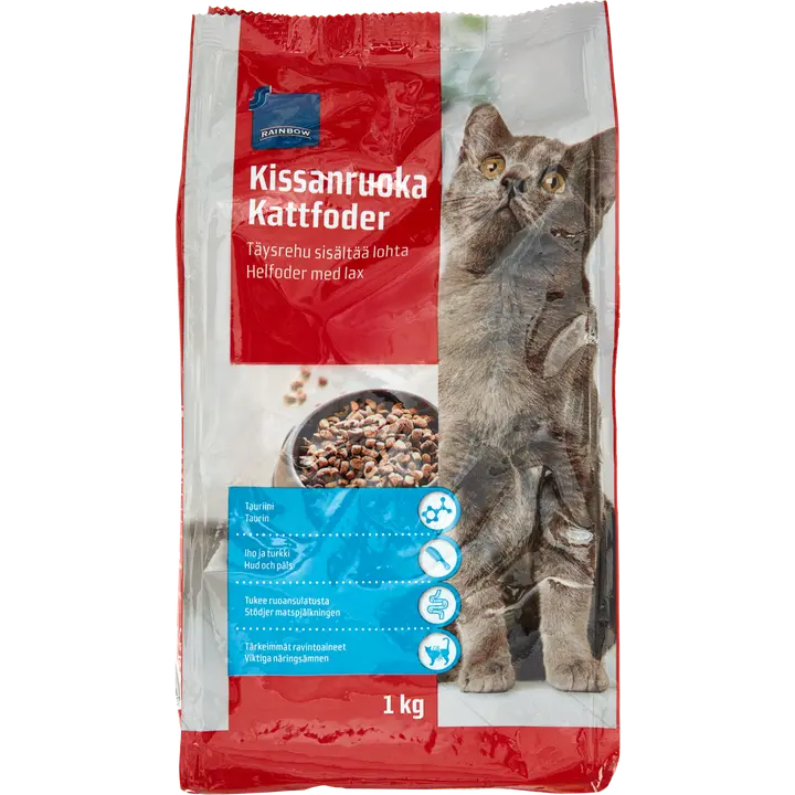Rainbow 1kg kissan kuivaruoka, sisältää lohta