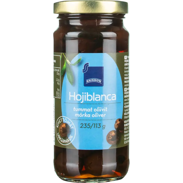Rainbow Hojiblanca tummat kivettömät oliivit 235/113 g