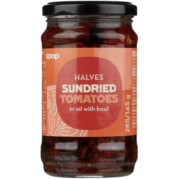 Coop aurinkokuivattu tomaatti puolikkaina öljyssä 285/145 g