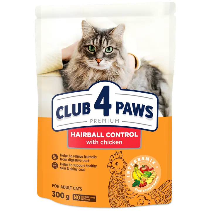 Club4Paws Premium Hairball control. Kuivtoit täiskasv. kassile, 0,3 kg
