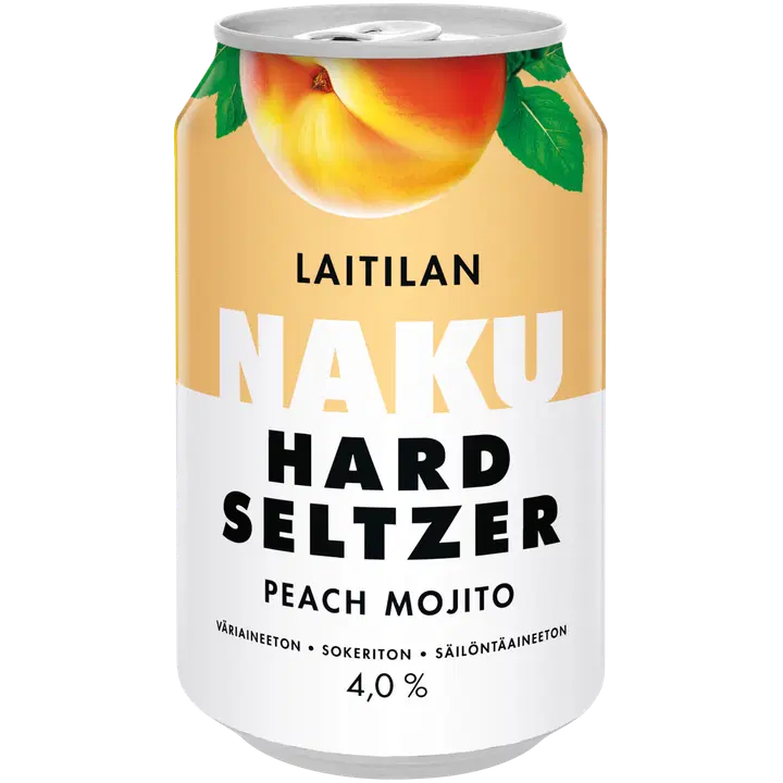 Laitilan Naku Hard Seltzer Peach Mojito 4,0 til-% 0,33L hard seltzer persikkamojiton makuinen makeuttamaton alkoholijuoma