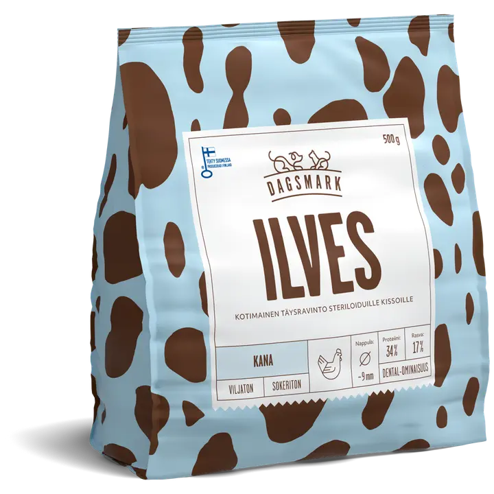 Dagsmark ILVES kana, viljaton täysravinto kissan kuivaruoka steriloiduille kissoille 500 g