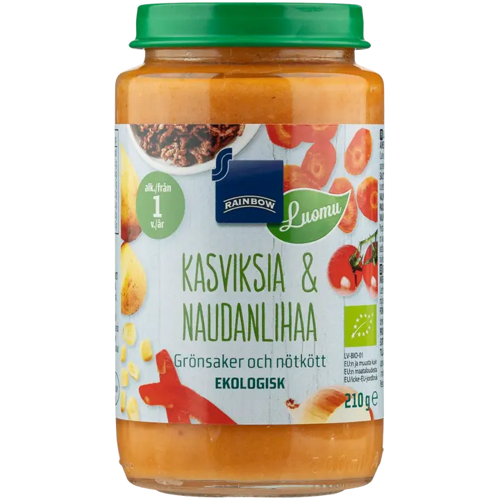Rainbow kasviksia ja naudanlihaa luomu 210 g 12 kk