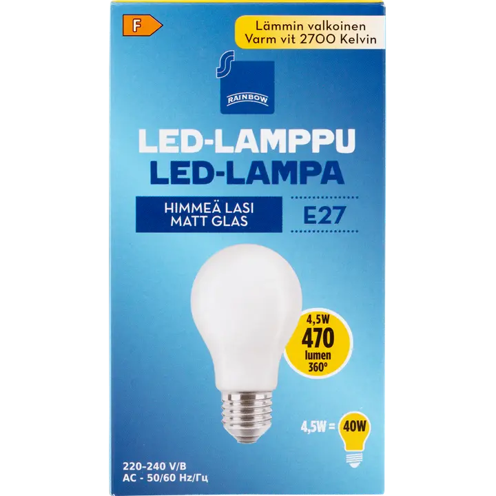 Rainbow LED-lamppu 4,5 W E27 2700 K 470 lm huurrettu lasi