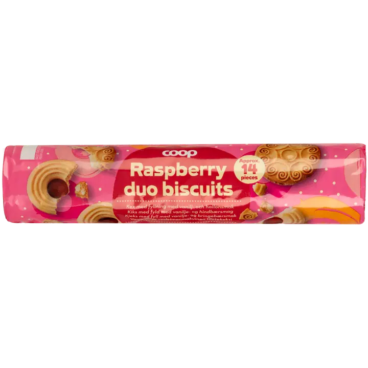 Coop vaniljan- ja vadelmanmakuinen täytekeksi 175 g