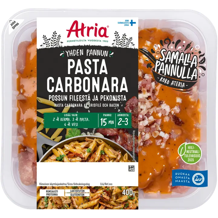 Atria Yhden Pannun Pasta Carbonara Possun Fileestä ja Pekonista 400g