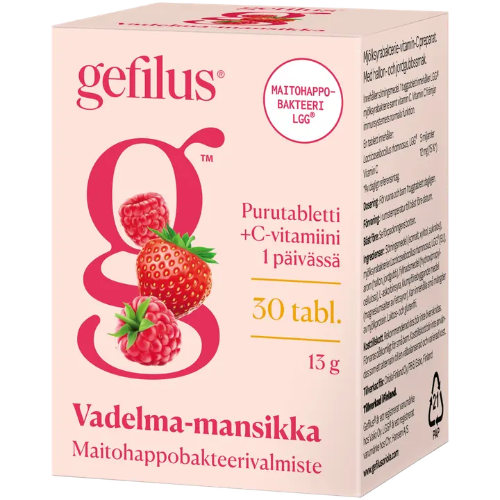 Gefilus vadelma-mansikka maitohappobakteeri-C-vitamiinivalmiste purutabletti 30tabl 13g ravintolisä