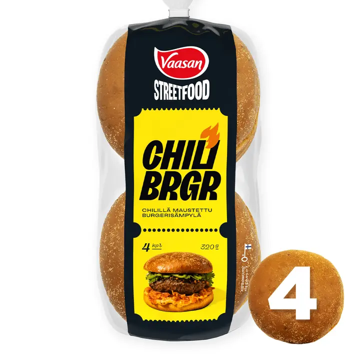 Vaasan Street Food Chili BRGR 320 g 4 kpl Chilillä maustettu burgerisämpylä