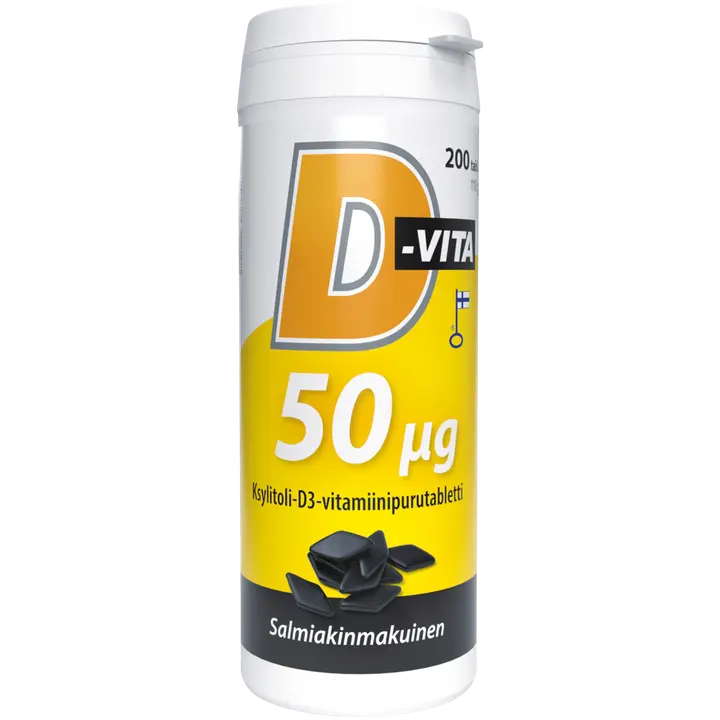 D-Vita 50 ug salmiakinmakuinen 200 tabl ksylitoli-D3-vitamiinipurutabletti