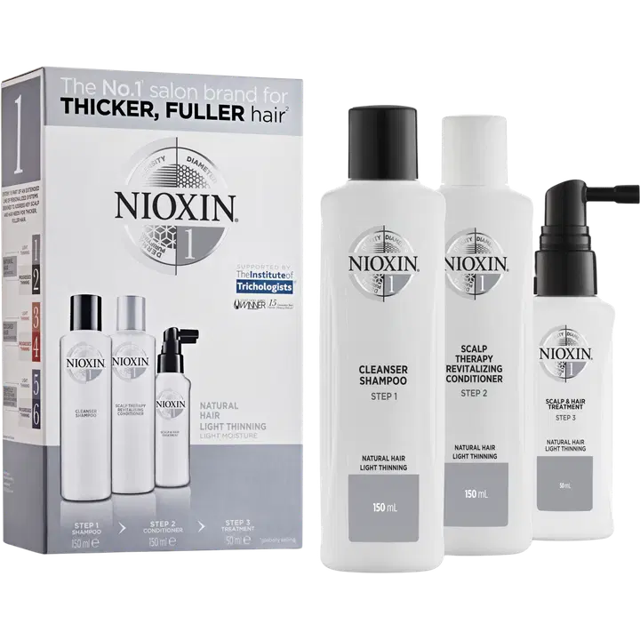 NIOXIN 1 Trial Kit hoitopakkaus ohentuneille, käsittelemättömille hiuksille