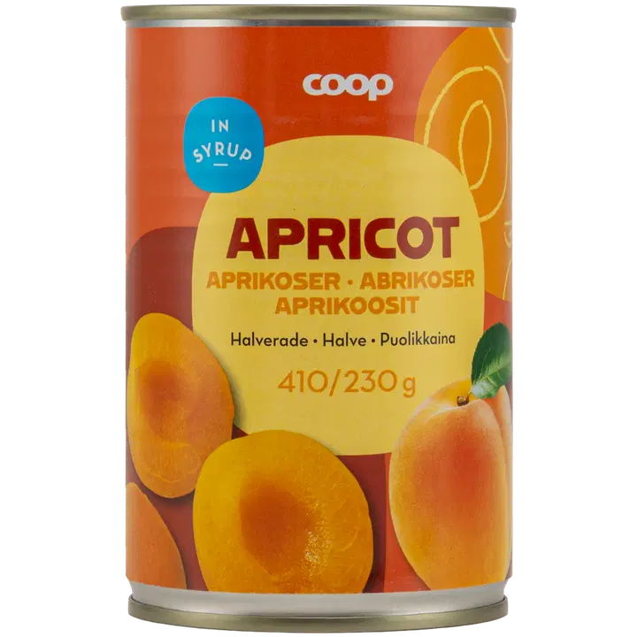 Coop aprikoosit puolikkaina sokeriliemessä 410/226 g