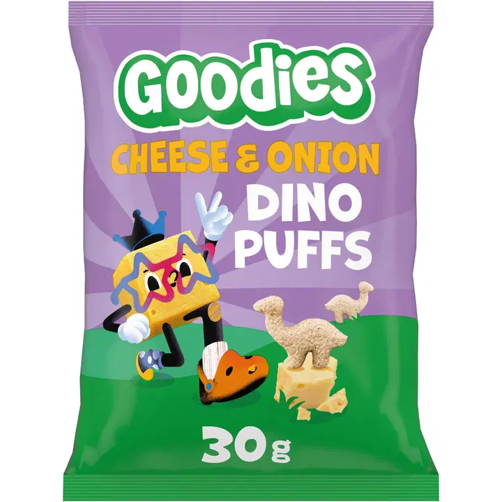 Goodies Dino Puffs Cheese & Onion täysjyvävehnä-maissinaksut 30g