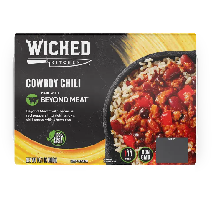 Wicked Kitchen - Mausteinen Beyond Meat®  herneproteiiniseos, kypsennettyjä papuja ja grillattua punaista paprikaa chilikastikkeessa kypsennetyn ruskean riisin kera. Pakaste.