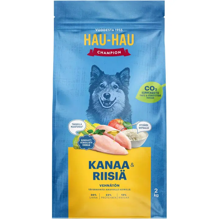 Hau-Hau Champion Kanaa ja riisiä täysravinto aikuisille koirille 2 kg