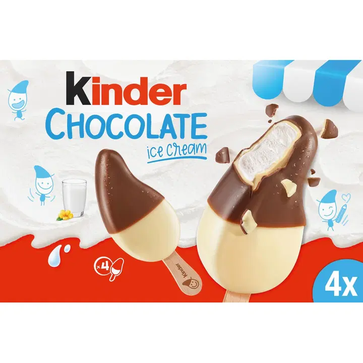 Kinder-jäätelö 4-pack 152g. Maitojäätelö (58,8 %) maitoisalla (31,2%) ja maitosuklaa kuorrutteella.