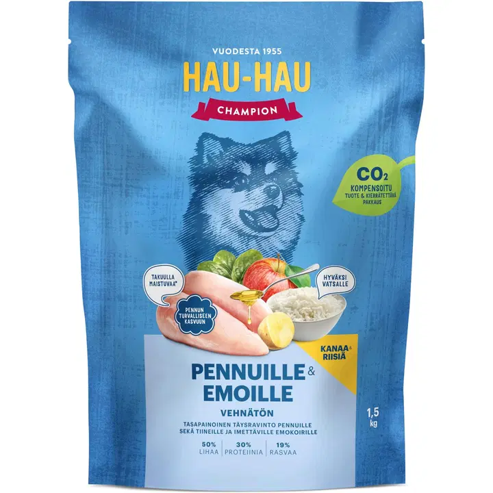 Hau-Hau Champion Kanaa ja riisiä täysravinto pennuille ja emoille 1,5 kg