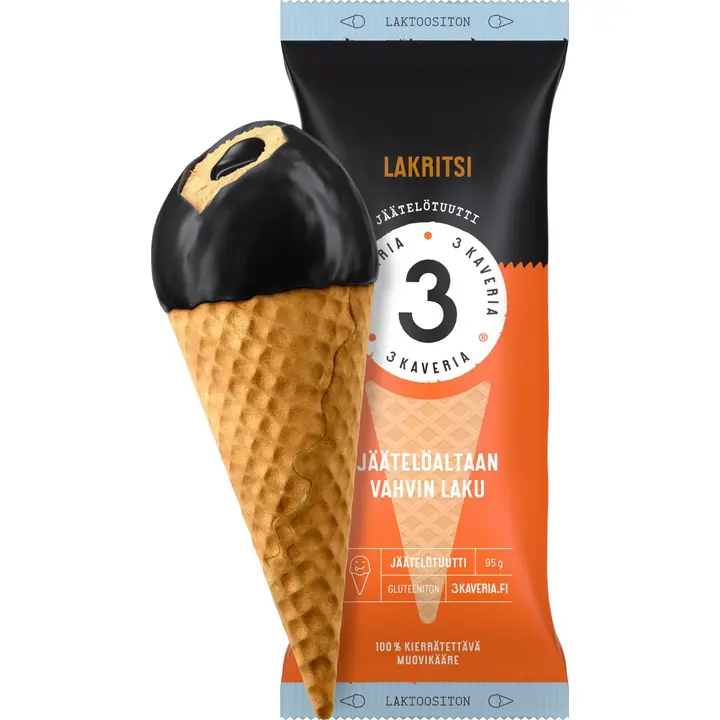 Kolmen Kaverin Jäätelö Laktoositon Lakritsi jäätelötuutti 150ml/95g