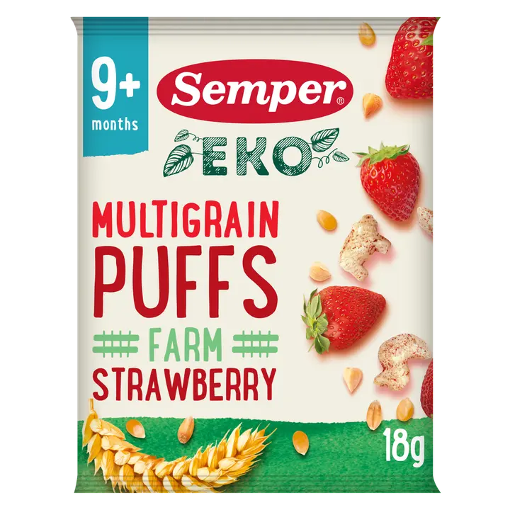 Semper EKO Multigrain Puffs Strawberry 9kk luomunaksu 18g