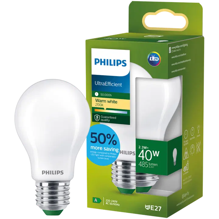 Philips Ultra Efficient LED-lamppu 2W A60 E27 2700K 485LM huurrettu