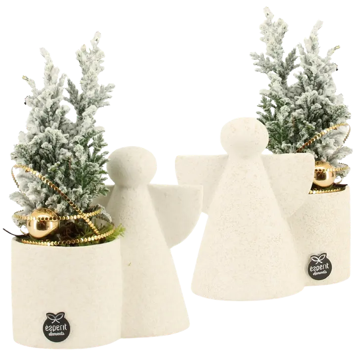 Istutus Lumienkeli, enkelifiguuriruukussa lumetettu lawsoninsypressi ja koristeet