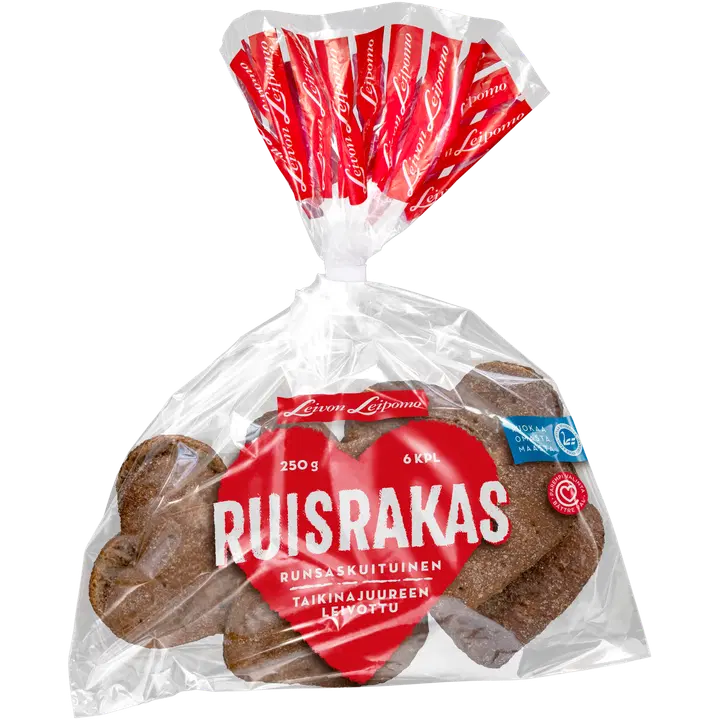Leivon Leipomo Ruisrakas 6 kpl 250g täysjyväruisleipä, halkaistu