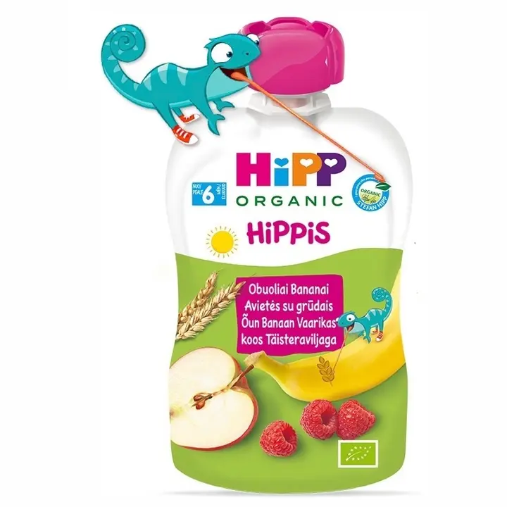 Hipp Hippis õuna-banaani-vaarika-täisteraviljapüreee 100g, öko, alates 6-elukuust