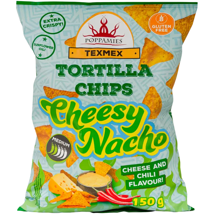 Poppamies Texmex Tortilla Chips Cheesy Nacho juuston ja chilin makuiset maissilastut 150g