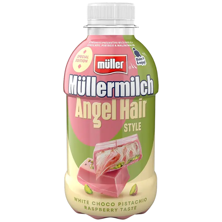 Müller Angel Hair valge šokolaadi, pistaatsia ja vaarikamaitseline piimajook, 400g
