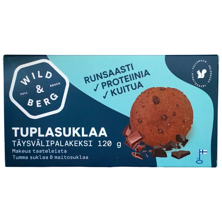 Wild&Berg Tuplasuklaa proteiinirikas täysvälipalakeksi gluteeniton 120 g