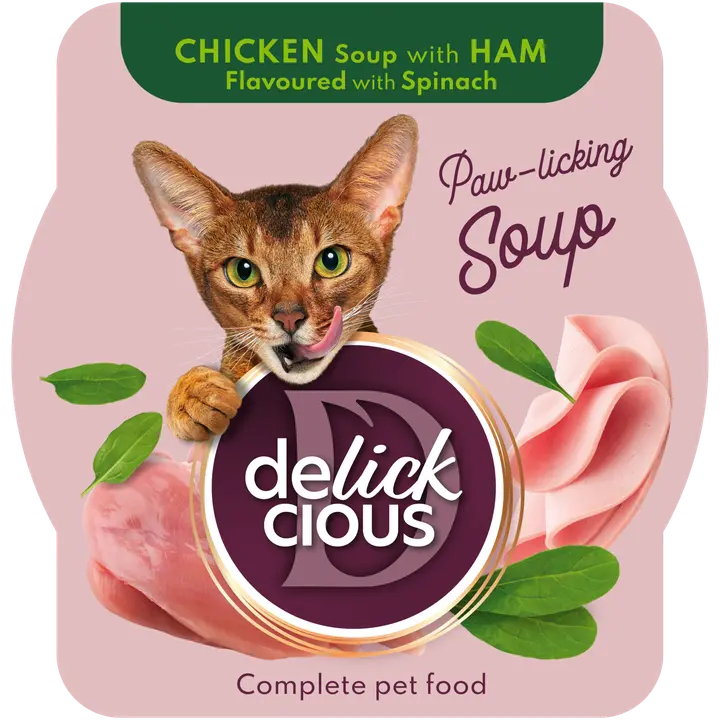 Delickcious Täisväärtuslik lemmikloomatoit täiskasvanud kassidele, Kanasupp singi ja spinatiga 0,08 kg