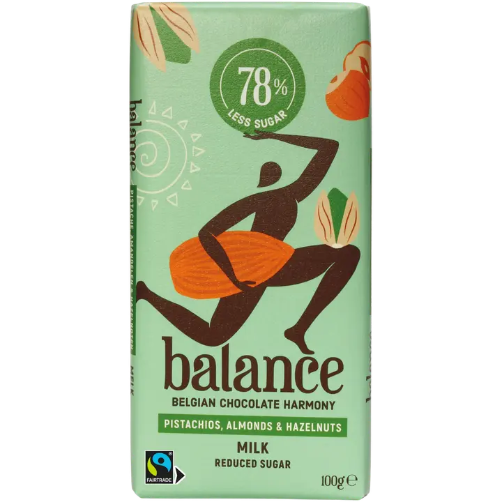 Balance maitosuklaalevy pistaasi-, manteli-, hasselpähkinä 100g, sisältää makeutusainetta