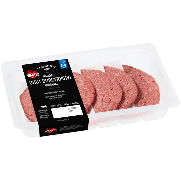 Tamminen naudan ohut burgerpihvi 4kpl 480g