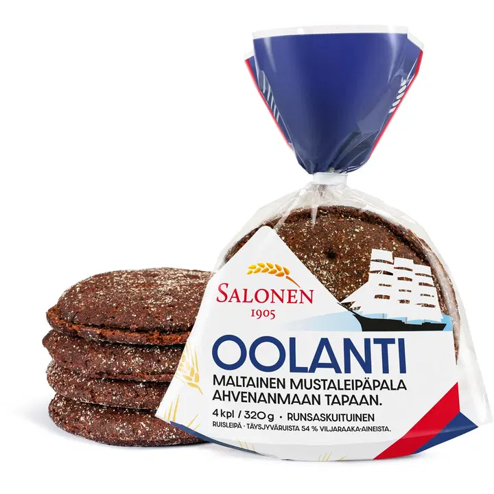 Leipomo Salonen Oolanti mustapalaleipä 4/320 g ruisleipä, halkaistu