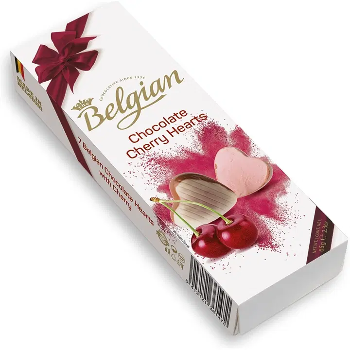 The Belgian Cherry Hearts 65g kirsikkatäytteisiä suklaakonvehteja