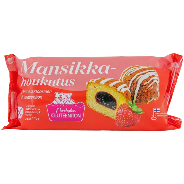 Porokylän Mansikkahoukutus 2 kpl / 170 g gluteeniton mansikkatäytemuffinssi
