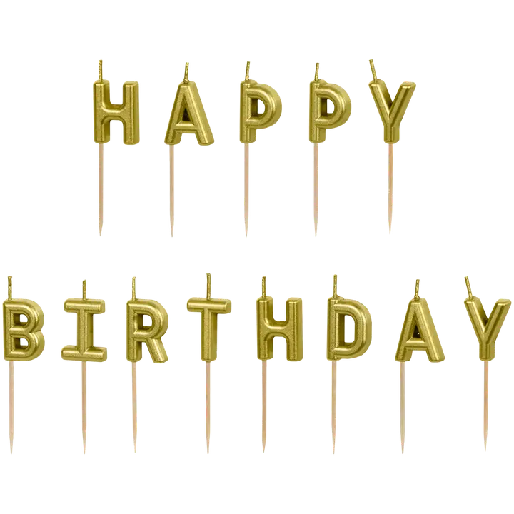 Syntymäpäivä kakkukynttilät "Happy Birthday" kullanväriset, kynttilän korkeus n. 2,5 cm, kokonaiskorkeus tikulla n. 7 cm. Sisältää puiset tikut. Pakkaus sisältää 13 kynttilää.